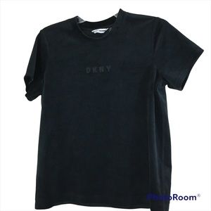 DKNY Logo Black Velour Short Sleeve Top Size Small